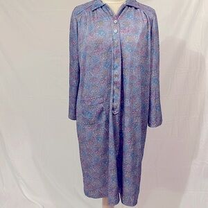 Vintage House Dress Maxi Floral Purple with Pocket Collar Zipper Buttons L-XL